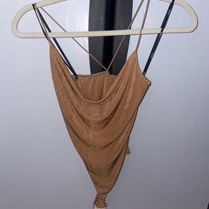 Brown bodysuit. Cowel neck. So flattering and cute